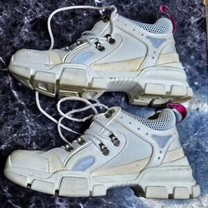 Gucci White Grey Pink Flash Trek Sneaker Shoes Sz. 38.5